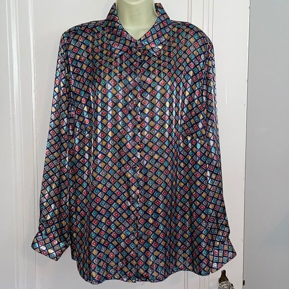 Vtg 80s/90s Yves St Clair 2 multi colored diamond print shiny blouse - Picture 1 of 10